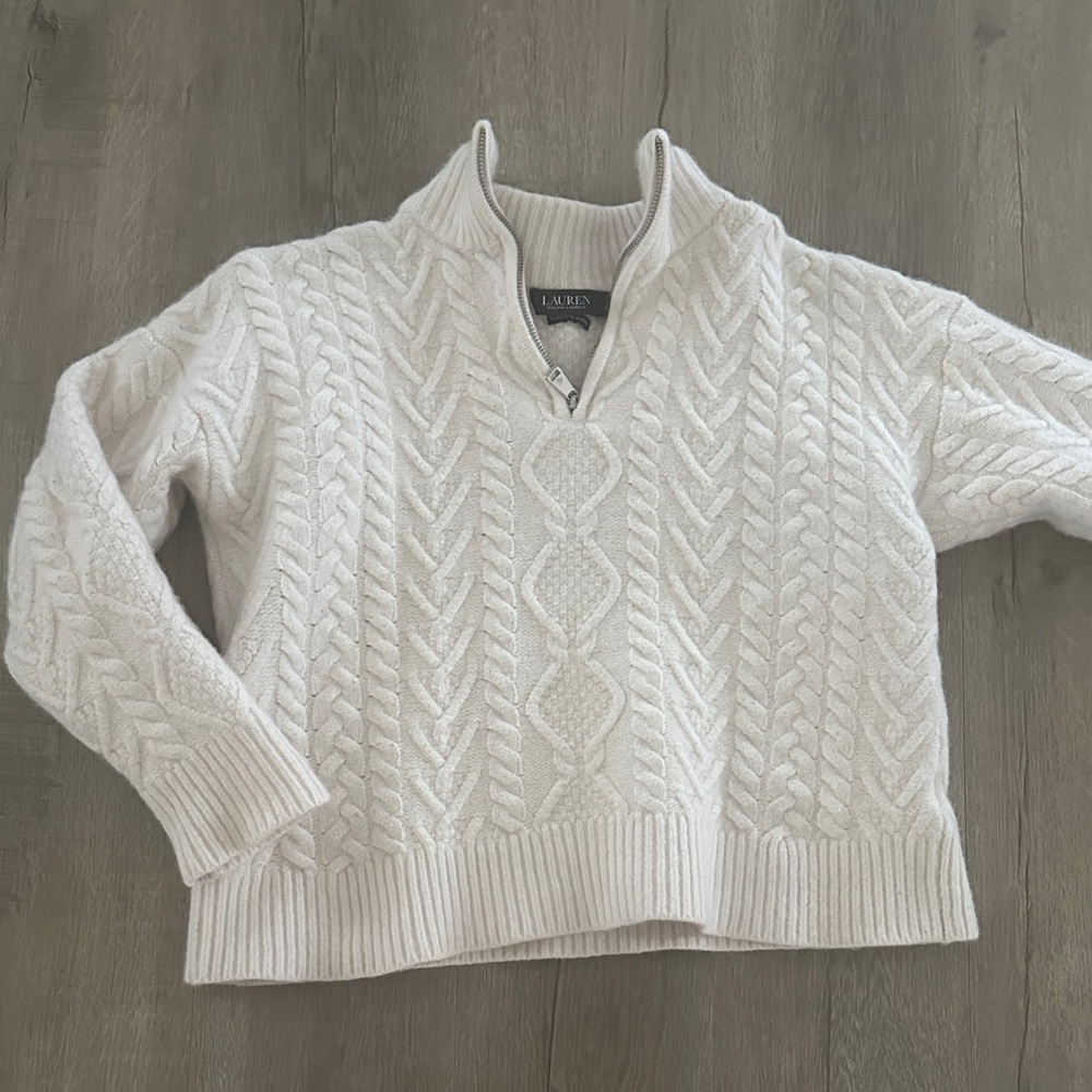 SHRUNK Ralph Lauren Cream Cable Knit Sweater Quarter Zip Wool and Cashmere